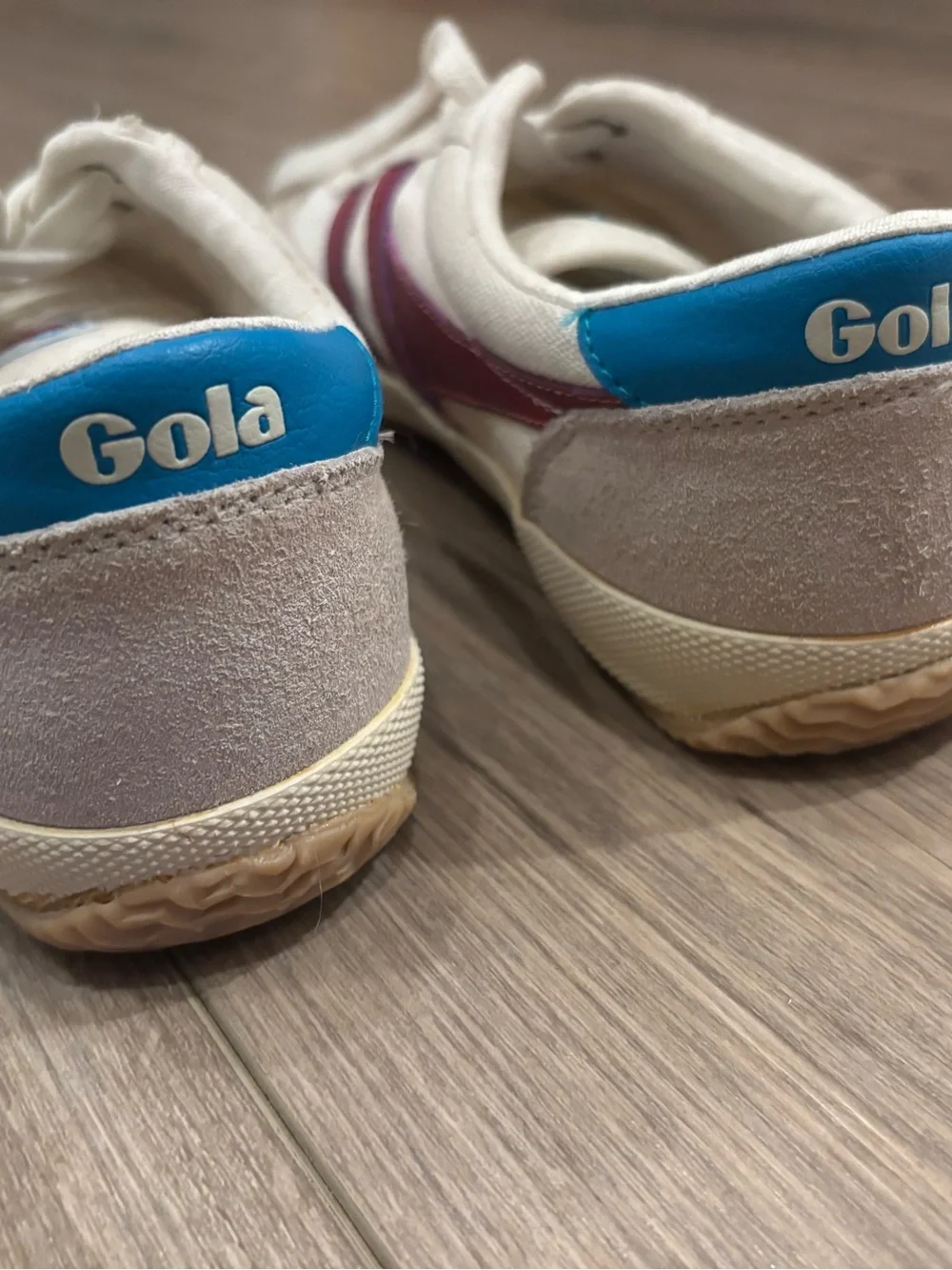 Gola White Sneakers with Burgundy Stripes and Blue Heel Tab